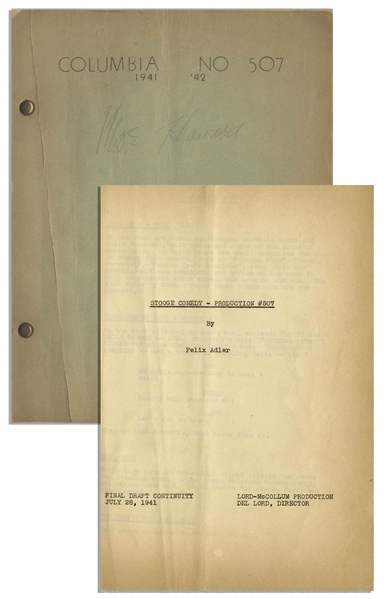 Moe Howard's Signed 31pp. Script Dated July 1941 for The 1942 Three Stooges Film ''Even as IOU'' -- Signed by Moe on Cover & With His Annotations Within -- Archival Repair to Cover, Else Very Good